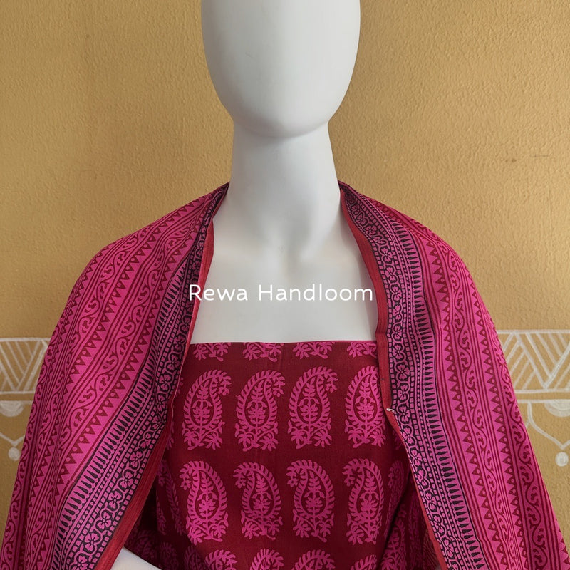 Maroon-Fuchsia Pink Bagh Print Cotton Suit BGCSJ0100