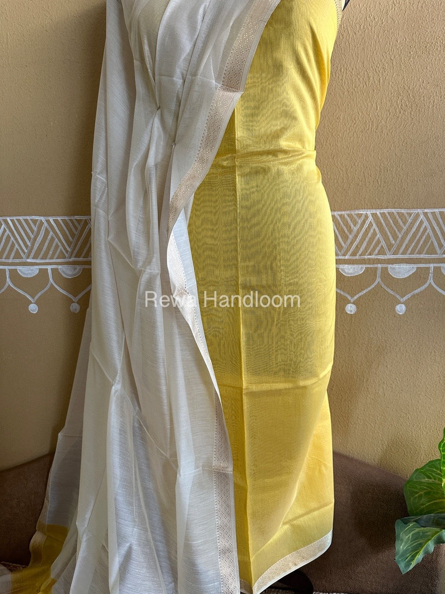 Maheshwari Yellow-White Peacock Buta-Buti Top-Dupatta Set BTP0262