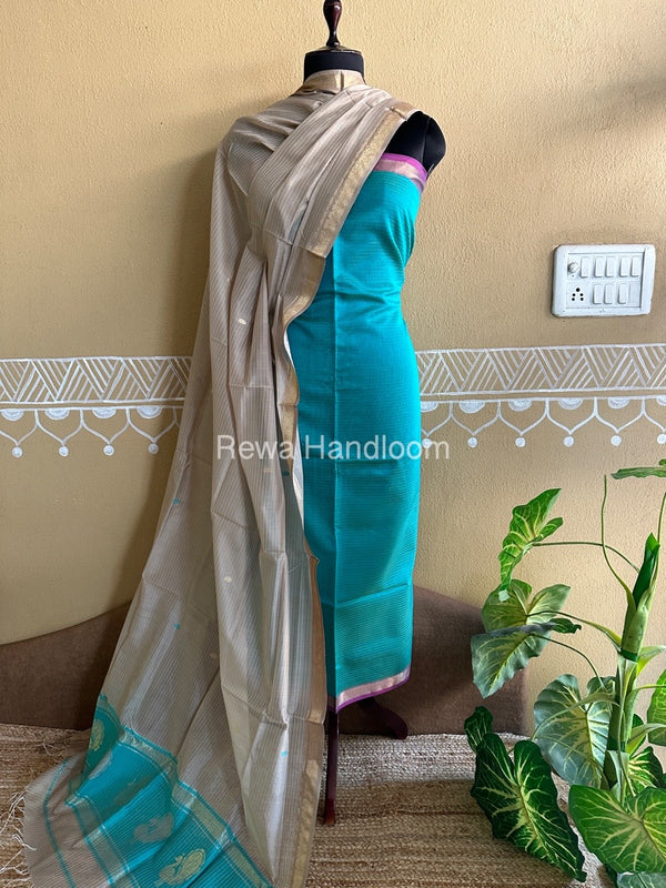 Maheshwari Sea Green-Beige Peacock Buta-Buti Top-Dupatta Set BTP0271