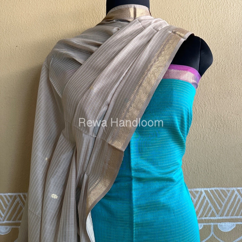 Maheshwari Sea Green-Beige Peacock Buta-Buti Top-Dupatta Set BTP0271