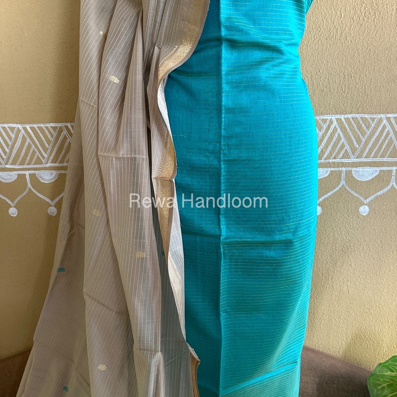 Maheshwari Sea Green-Beige Peacock Buta-Buti Top-Dupatta Set BTP0271