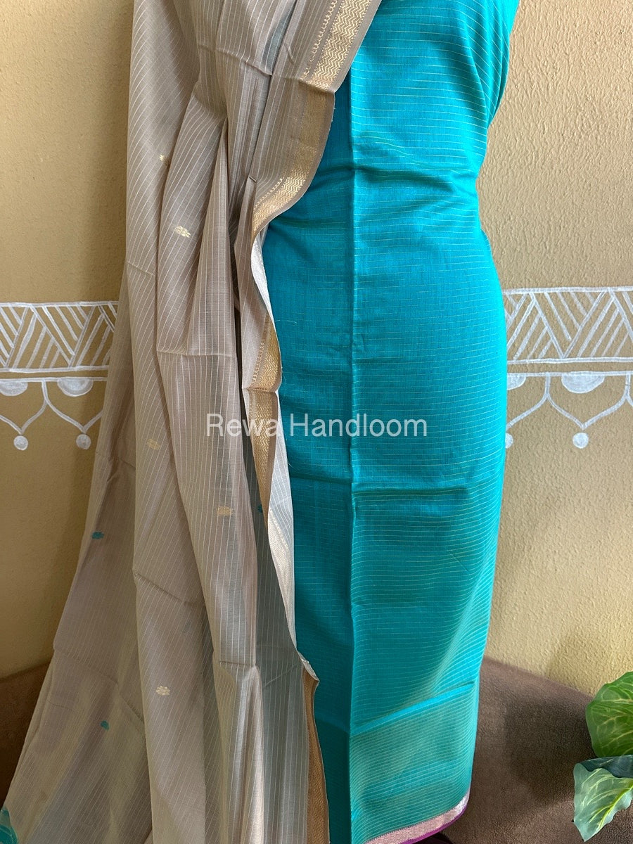 Maheshwari Sea Green-Beige Peacock Buta-Buti Top-Dupatta Set BTP0271