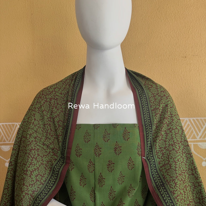 Green-Chocolate Brown Bagh Print Cotton Suit BCSP0126