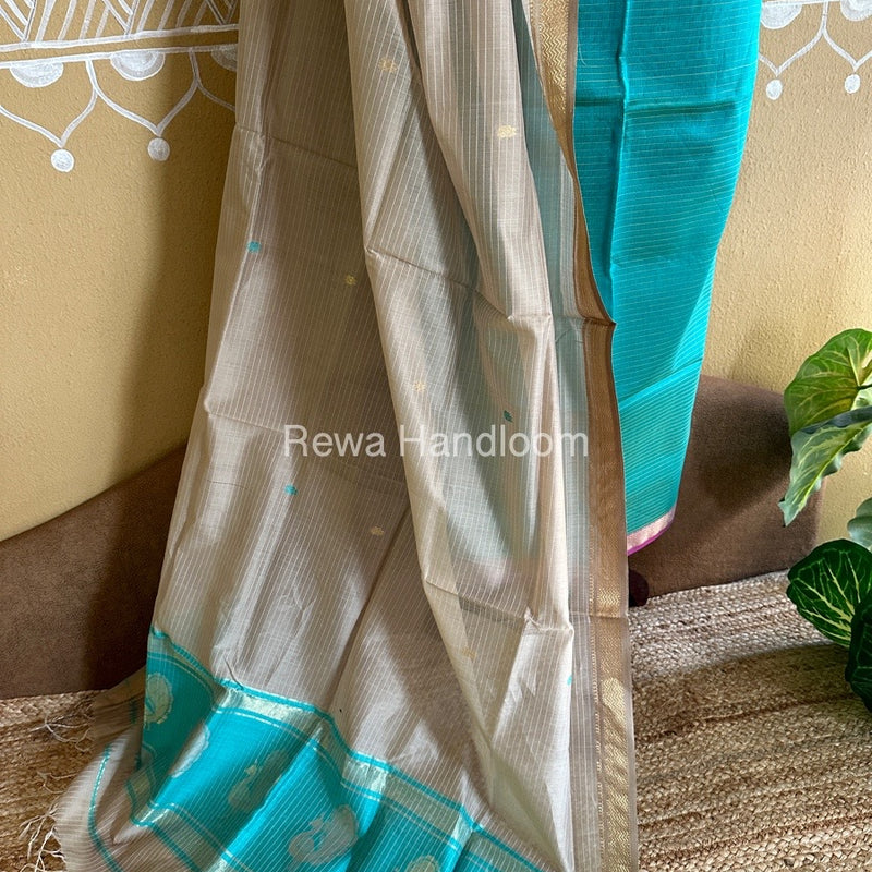 Maheshwari Sea Green-Beige Peacock Buta-Buti Top-Dupatta Set BTP0271