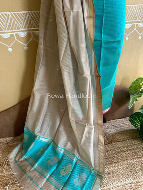 Maheshwari Sea Green-Beige Peacock Buta-Buti Top-Dupatta Set BTP0271