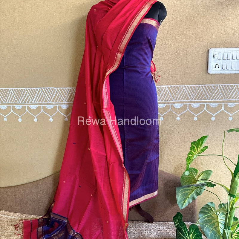 Maheshwari Blue-Fuchsia Red Peacock Buta-Buti Top-Dupatta Set BTP040