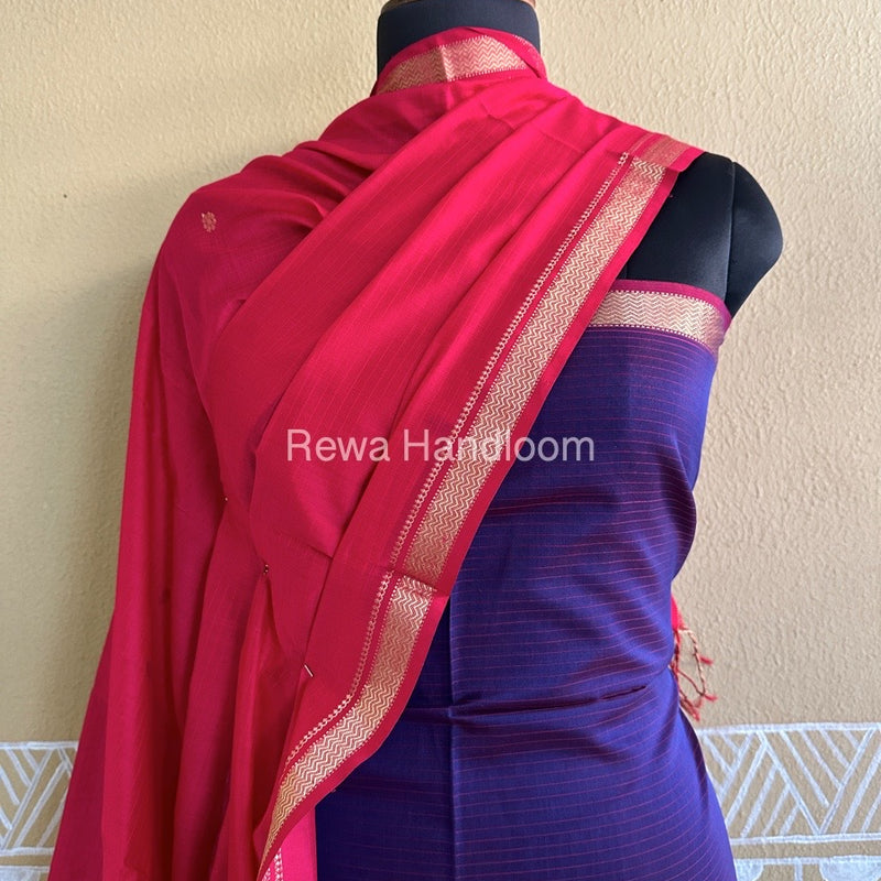 Maheshwari Blue-Fuchsia Red Peacock Buta-Buti Top-Dupatta Set BTP040
