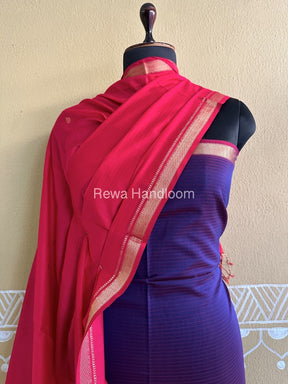 Maheshwari Blue-Fuchsia Red Peacock Buta-Buti Top-Dupatta Set-BTP040