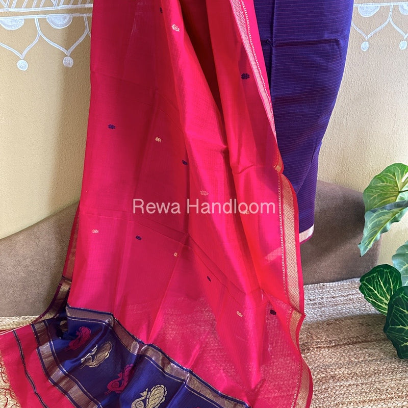 Maheshwari Blue-Fuchsia Red Peacock Buta-Buti Top-Dupatta Set BTP040