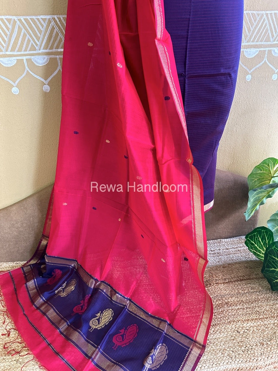 Maheshwari Blue-Fuchsia Red Peacock Buta-Buti Top-Dupatta Set-BTP040