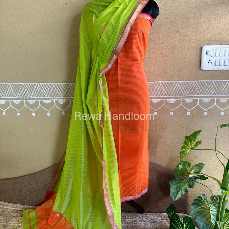Maheshwari Orange-Parrot Green Peacock Buta-Buti Top-Dupatta Set BTP0238