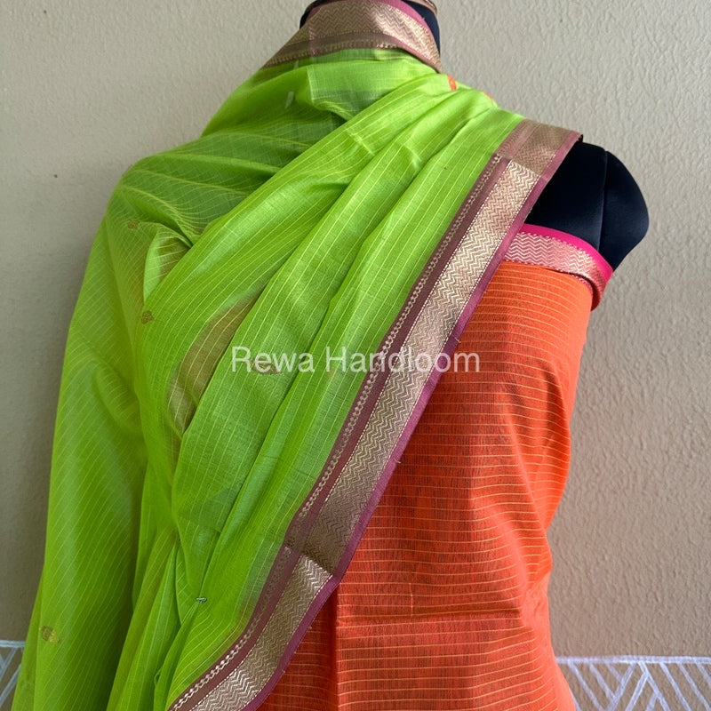 Maheshwari Orange-Parrot Green Peacock Buta-Buti Top-Dupatta Set BTP0238
