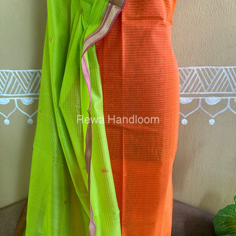 Maheshwari Orange-Parrot Green Peacock Buta-Buti Top-Dupatta Set BTP0238