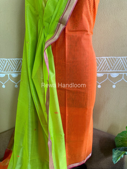 Maheshwari Orange-Parrot Green Peacock Buta-Buti Top-Dupatta Set BTP0238