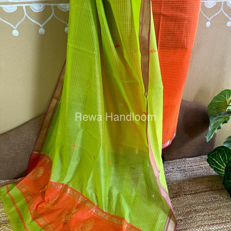 Maheshwari Orange-Parrot Green Peacock Buta-Buti Top-Dupatta Set BTP0238
