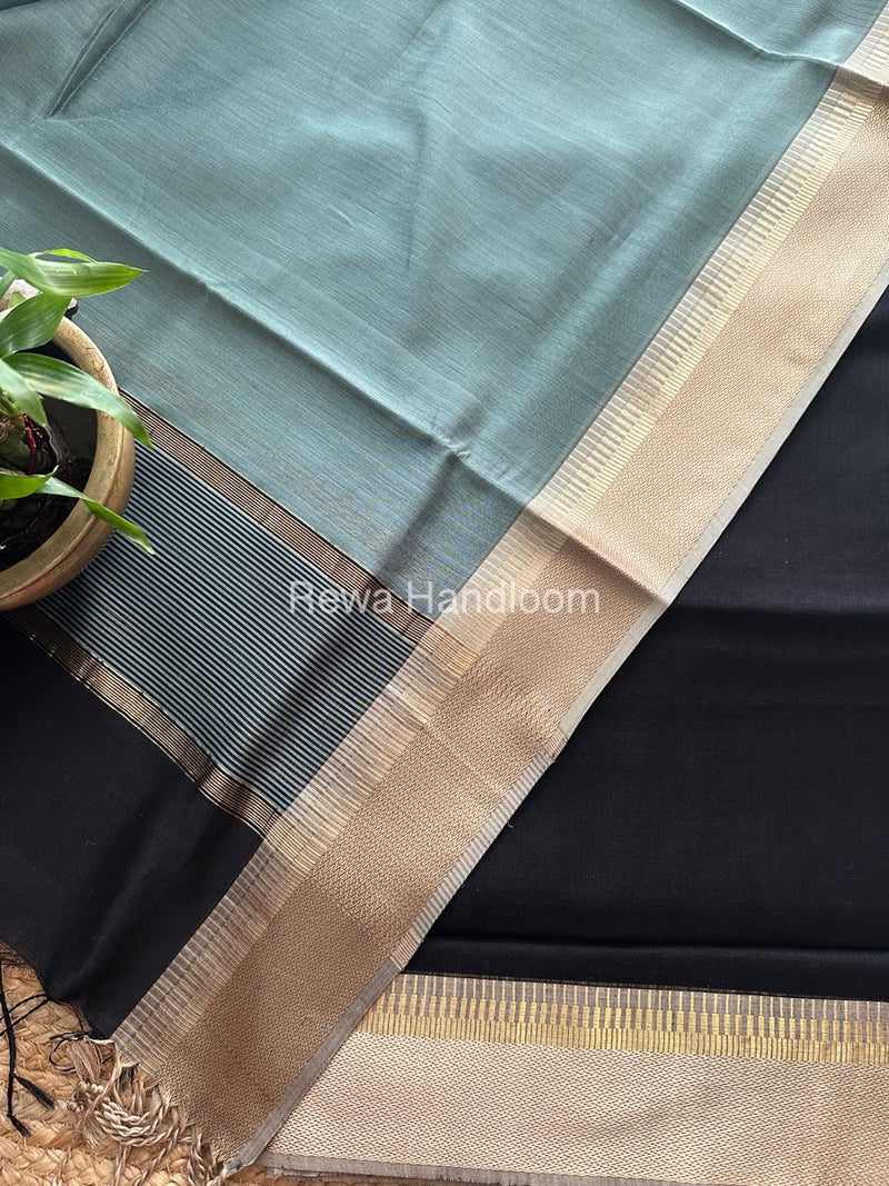 Maheshwari Black-Light Sea Green Zari Border Dress Material BRD030