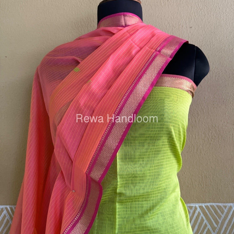 Maheshwari Parrot Green-Pink Peacock Buta-Buti Top-Dupatta Set BTP0252