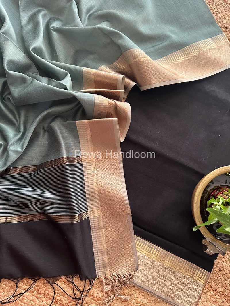 Maheshwari Black-Light Sea Green Zari Border Dress Material BRD030
