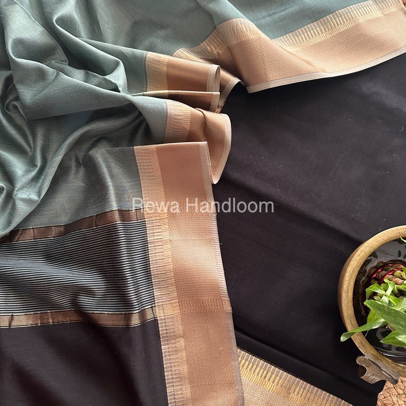 Maheshwari Black-Light Sea Green Zari Border Dress Material BRD030