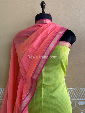 Maheshwari Parrot Green-Pink Peacock Buta-Buti Top-Dupatta Set BTP0252