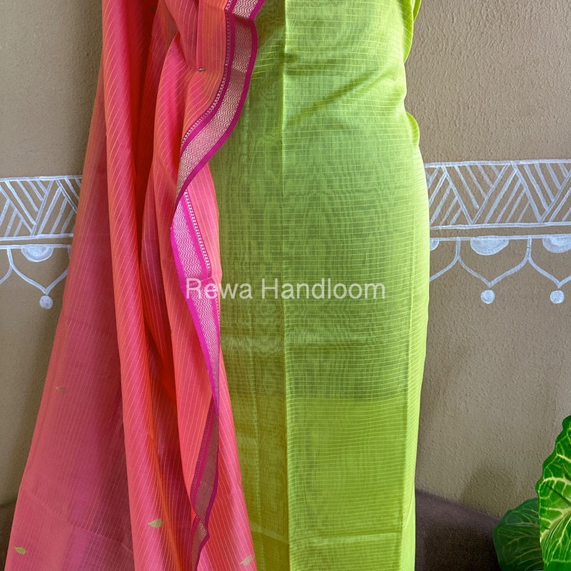 Maheshwari Parrot Green-Pink Peacock Buta-Buti Top-Dupatta Set BTP0252