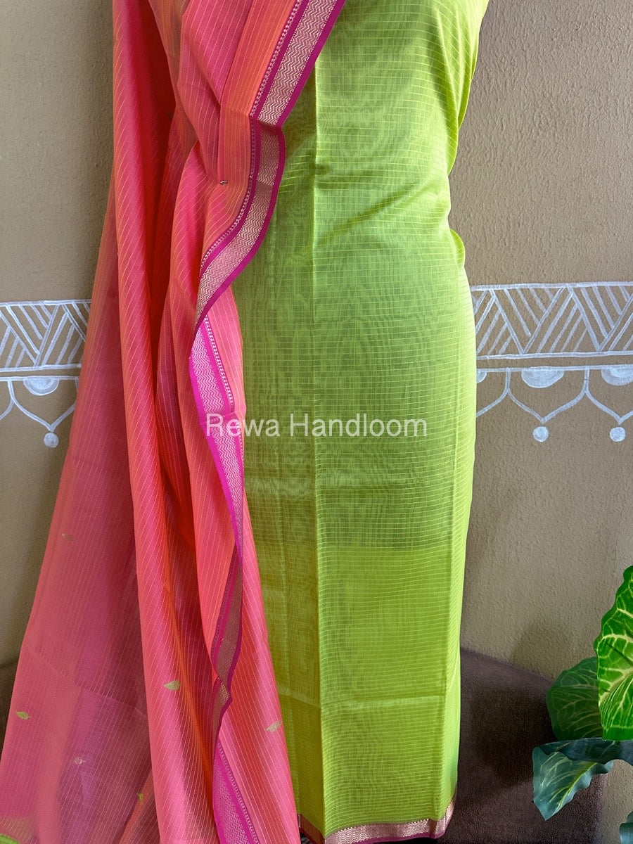 Maheshwari Parrot Green-Pink Peacock Buta-Buti Top-Dupatta Set BTP0252