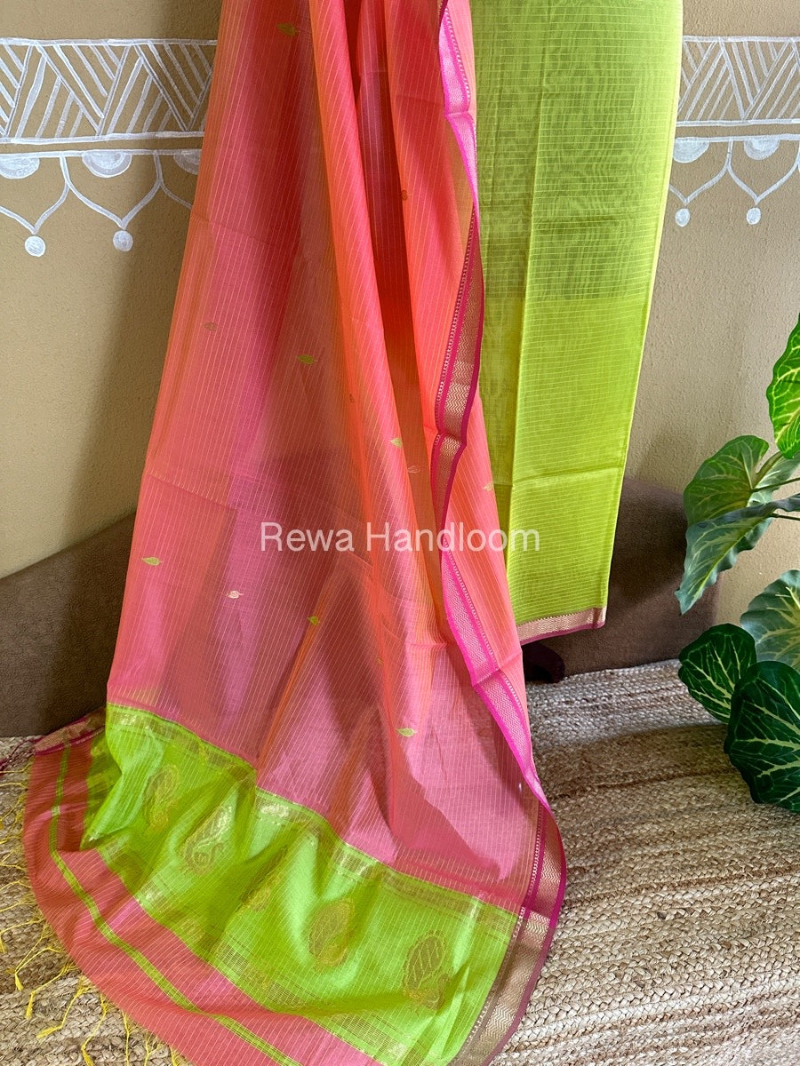 Maheshwari Parrot Green-Pink Peacock Buta-Buti Top-Dupatta Set BTP0252