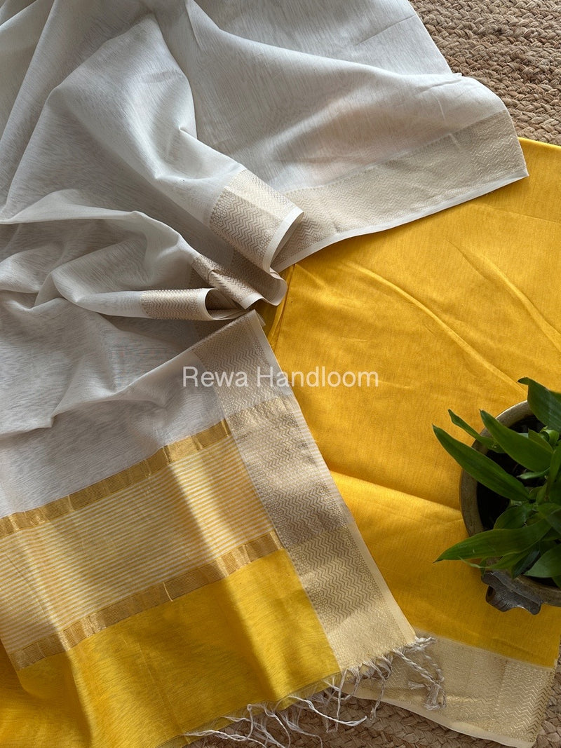Maheshwari Yellow-White Zari Border Dress Material BRD023