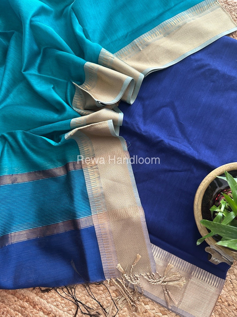 Maheshwari Blue-Aqua Zari Border Dress Material BRD029