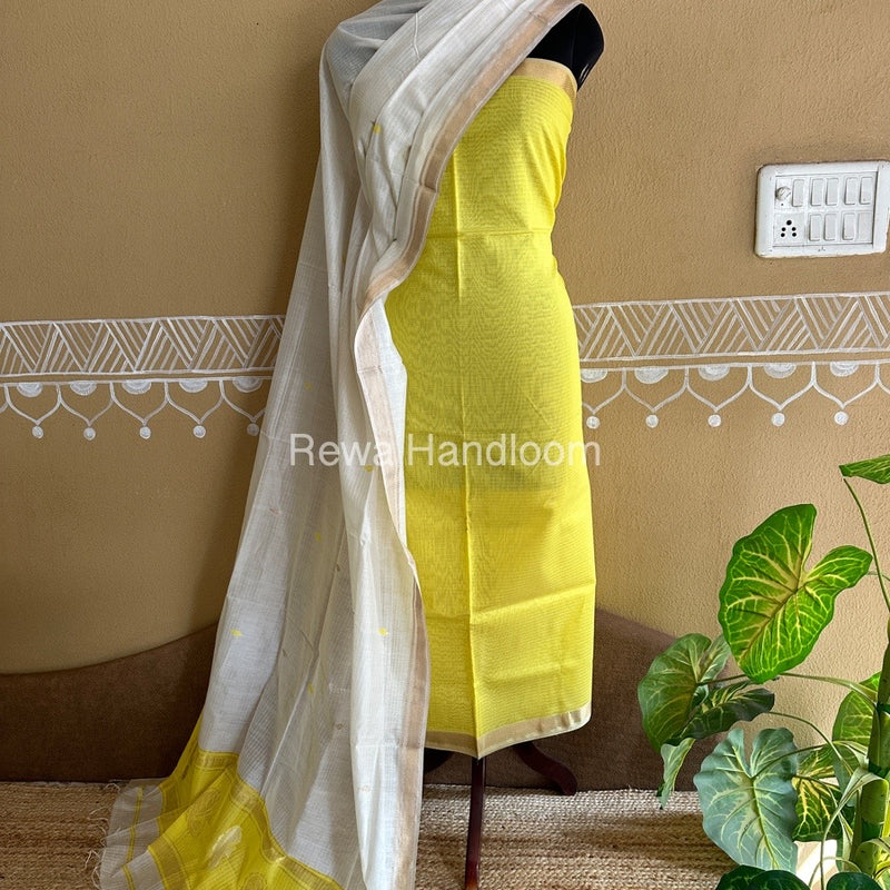 Maheshwari Lemon Yellow-Off White Peacock Buta-Buti Top-Dupatta Set BTP0223
