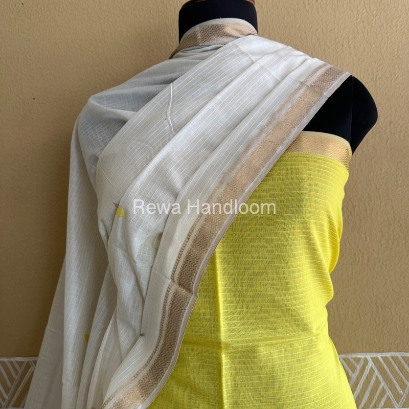 Maheshwari Lemon Yellow-Off White Peacock Buta-Buti Top-Dupatta Set BTP0223