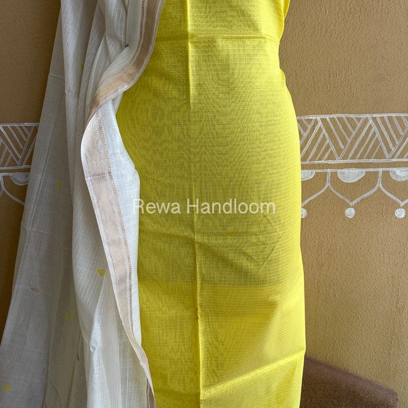 Maheshwari Lemon Yellow-Off White Peacock Buta-Buti Top-Dupatta Set BTP0223