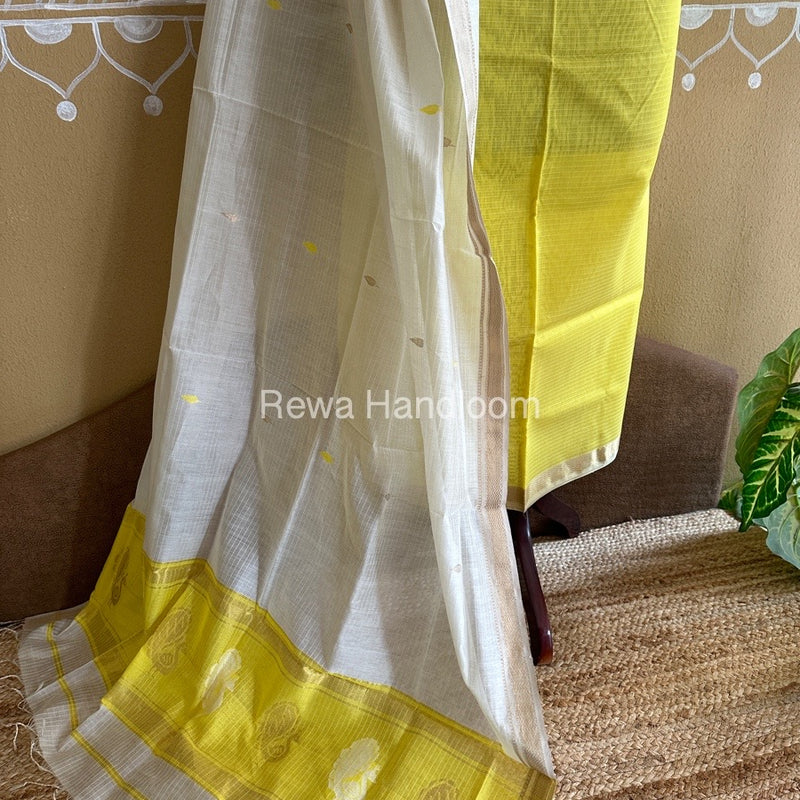 Maheshwari Lemon Yellow-Off White Peacock Buta-Buti Top-Dupatta Set BTP0223