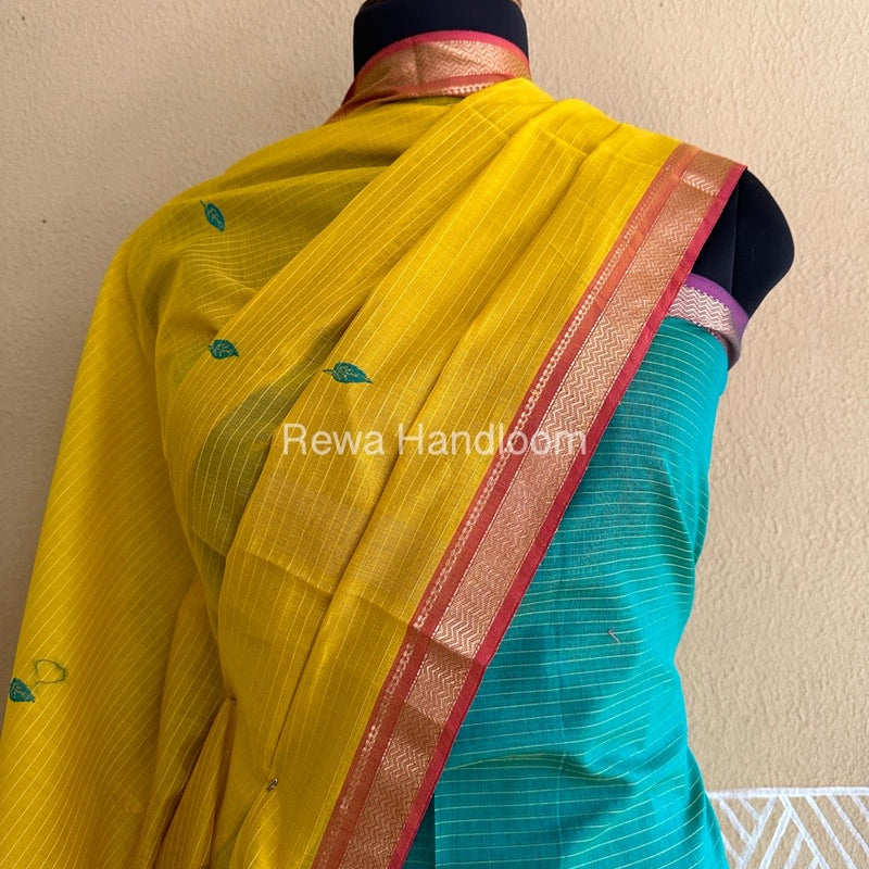Maheshwari Green-Mustard Yellow Peacock Buta-Buti Top-Dupatta Set BTP0242
