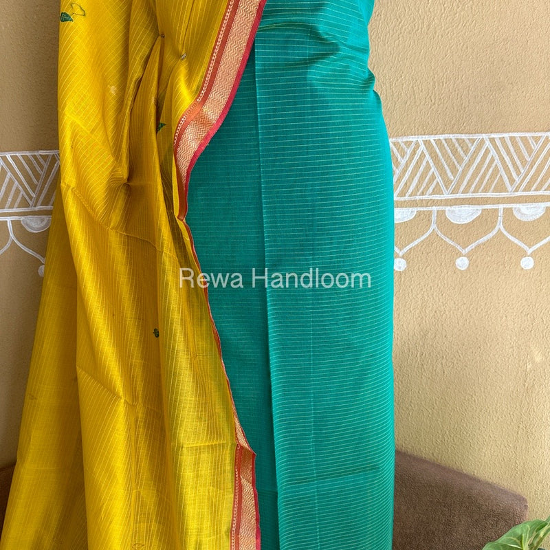 Maheshwari Green-Mustard Yellow Peacock Buta-Buti Top-Dupatta Set BTP0242
