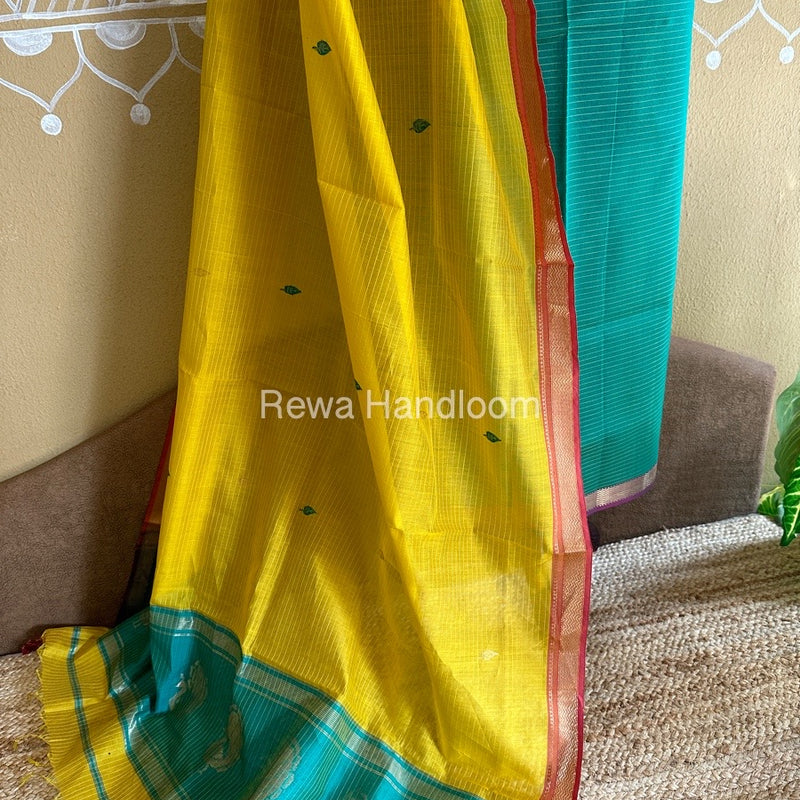 Maheshwari Green-Mustard Yellow Peacock Buta-Buti Top-Dupatta Set BTP0242
