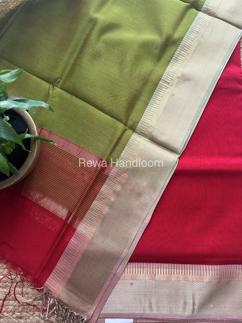 Maheshwari Red-Mehendi Green Resham Border Dress Material BRD022