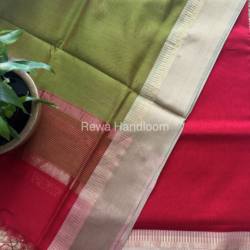 Maheshwari Red-Mehendi Green Resham Border Dress Material BRD022