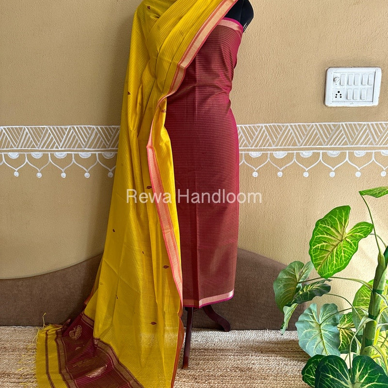 Maheshwari Maroon-Yellow Peacock Buta-Buti Top-Dupatta Set BTP0207