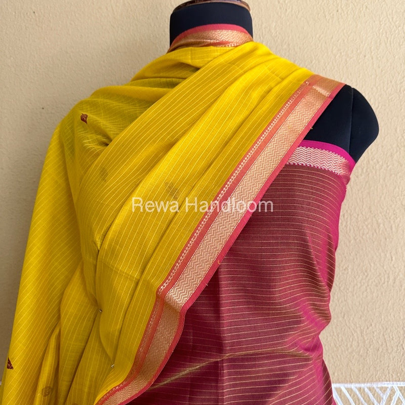 Maheshwari Maroon-Yellow Peacock Buta-Buti Top-Dupatta Set BTP0207