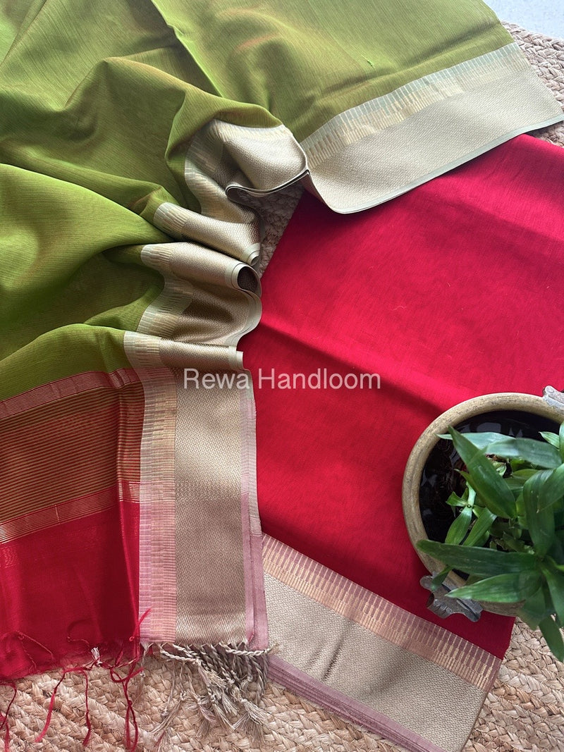 Maheshwari Red-Mehendi Green Resham Border Dress Material BRD022