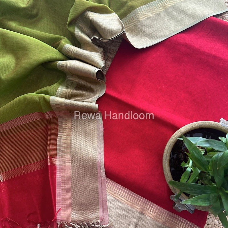 Maheshwari Red-Mehendi Green Resham Border Dress Material BRD022