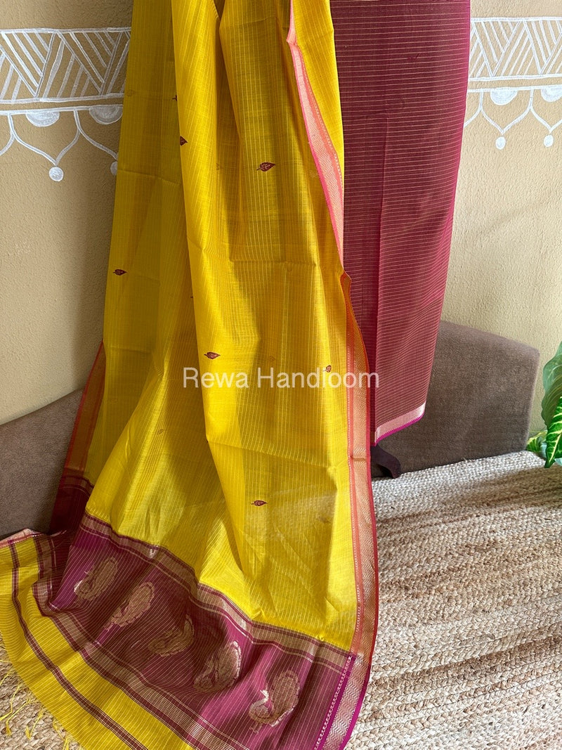 Maheshwari Maroon-Yellow Peacock Buta-Buti Top-Dupatta Set BTP0207
