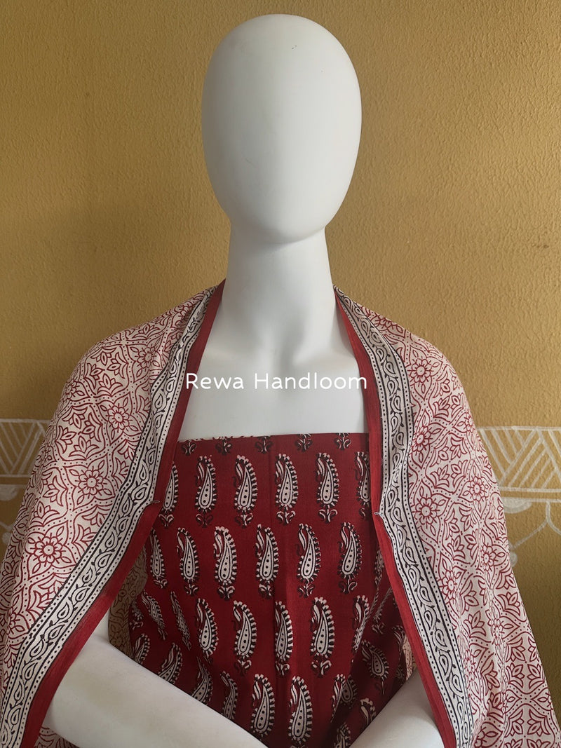 Maroon-White Bagh Print Cotton Suit BCSP0148