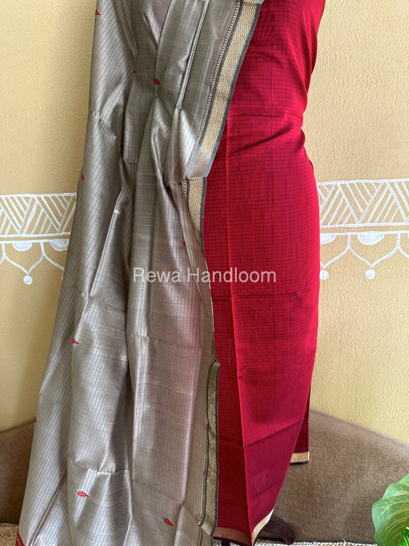 Maheshwari Red-Beige Peacock Buta-Buti Top-Dupatta Set BTP0264