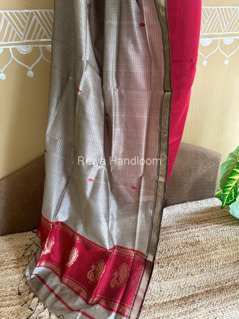 Maheshwari Red-Beige Peacock Buta-Buti Top-Dupatta Set BTP0264