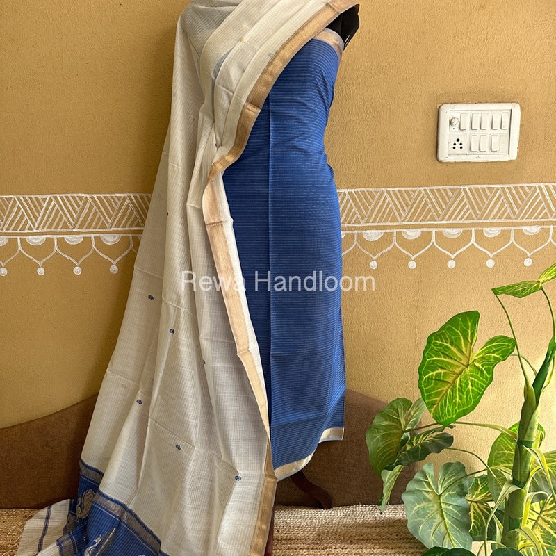 Maheshwari Blue-White Peacock Buta-Buti Top-Dupatta Set BTP02