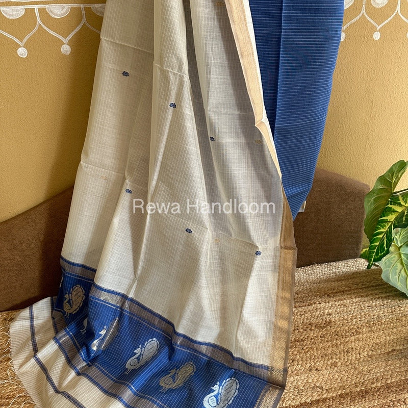 Maheshwari Blue-White Peacock Buta-Buti Top-Dupatta Set BTP02