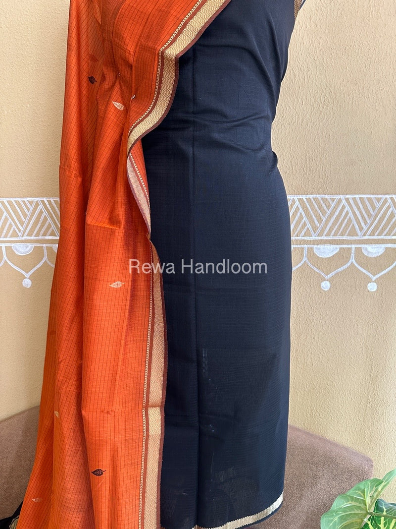 Maheshwari Black-Rust Peacock Buta-Buti Top-Dupatta Set BTP0270
