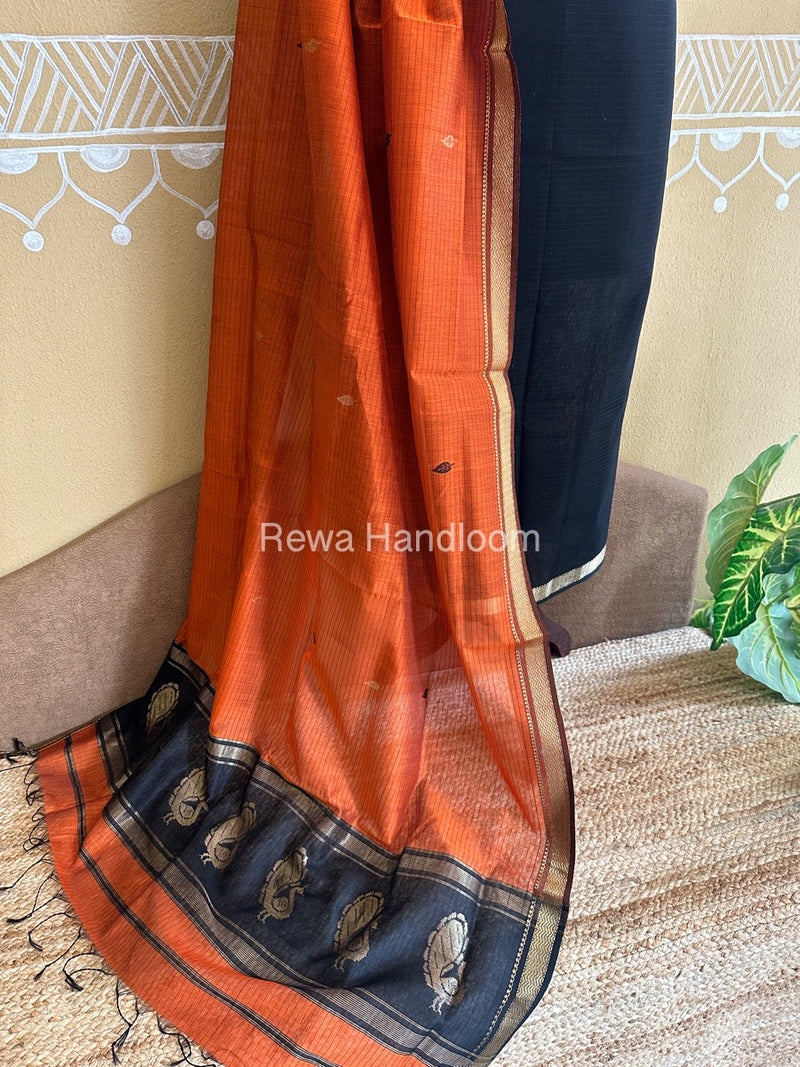 Maheshwari Black-Rust Peacock Buta-Buti Top-Dupatta Set BTP0270